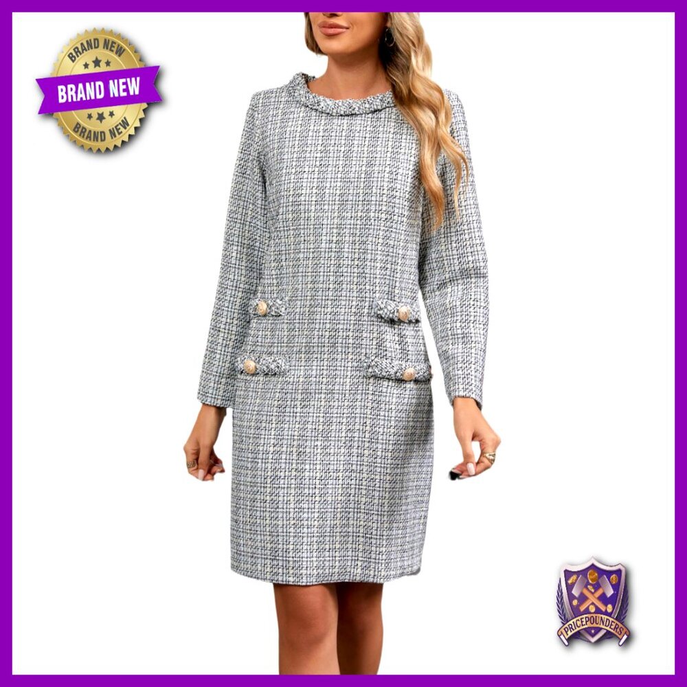 Long Sleeve Tweed Mini Dress Elegant A-Line Business Office Party Wear